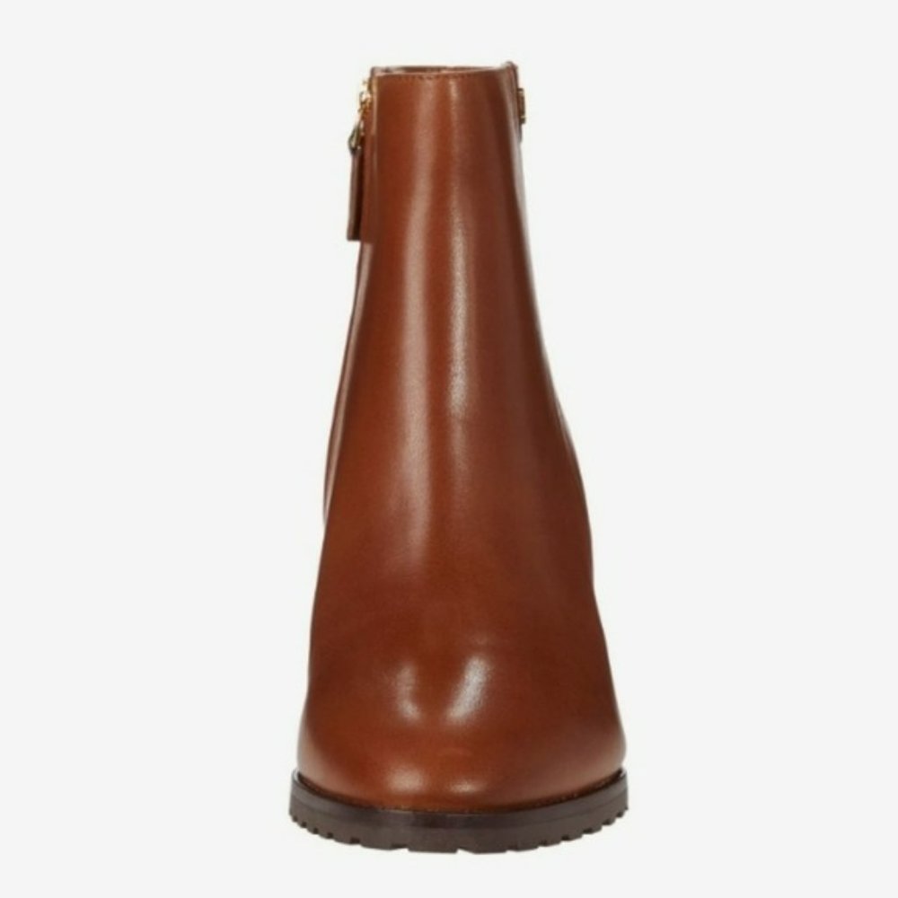 LAUREN Ralph Lauren Shaley Calfskin Wedge Bootie Deep Saddle Tan -7.5 - Picture 7 of 10
